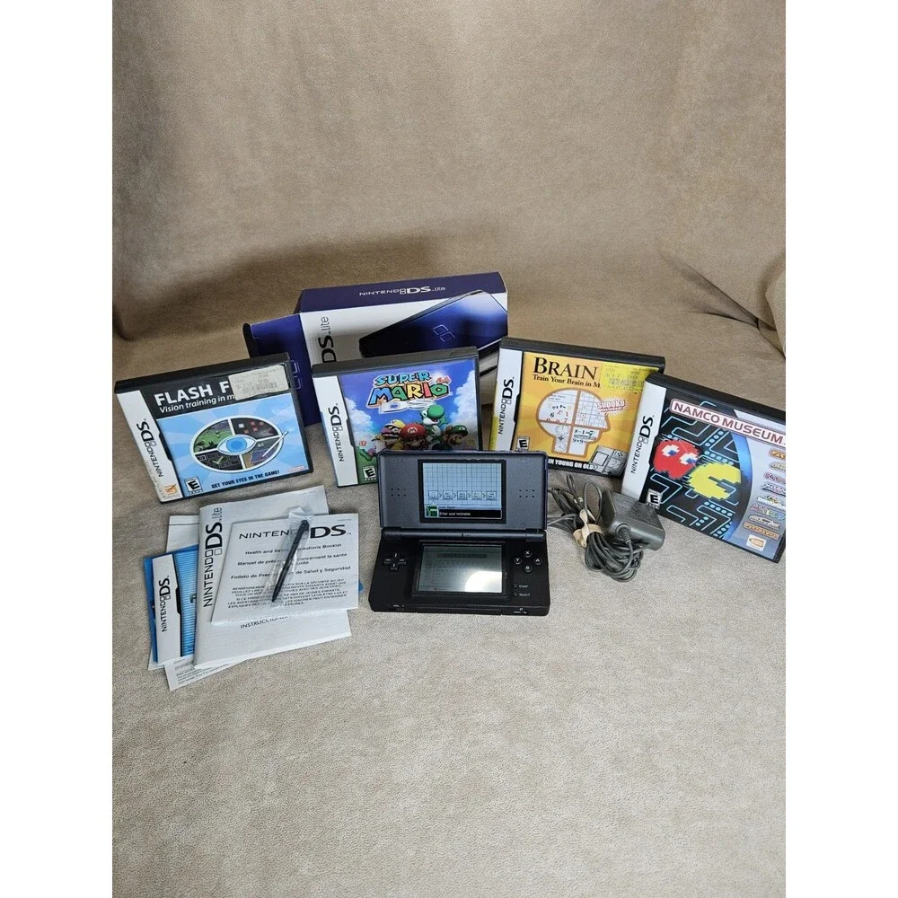 Nintendo DS Lite Handheld System, 4 Games, Charger, 2 Stylus, Box, Manuals WORKS